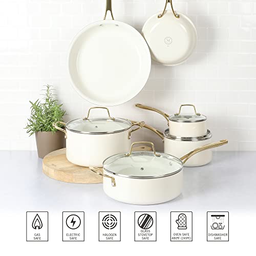 Lockton Premium Non stick Non Toxic PFA Free Ceramic Interior 10 Piece Heavy Gauge Enamel Aluminum Pots and Pans Cookware Set