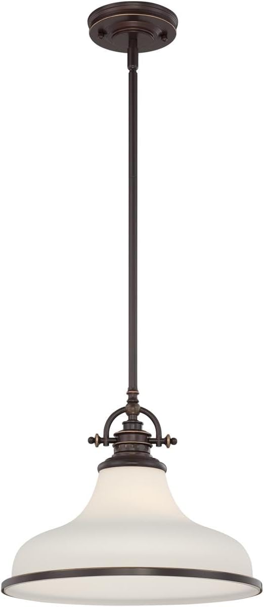 Quoizel Grant 13.5" Pendant Light, Palladian Bronze with Opal Etched Glass, 13"–51" Adjustable Height for Kitchen Island or Table