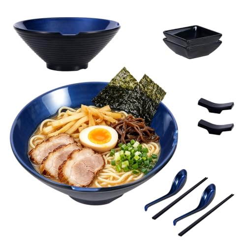 Unbreakable Melamine Ramen Bowl Set （2 piece set） (Blue-Black / Set-2)