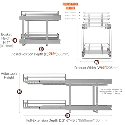 2 Tier Narrow Cabinet Pull Out Shelves (8 x 22 Inch)