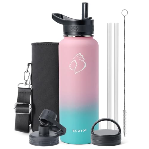 40oz Insulated Stainless Steel Water Bottle with Straw & 3 Lids (40 Ounces / Bubble Gum)