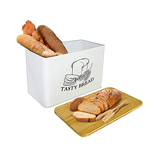 Bread Box for Kitchen Countertop White Metal Bread Box with Bamboo Board Cover Pastry Storage Container Set Kitchen decor (US-Bamboo White Box)