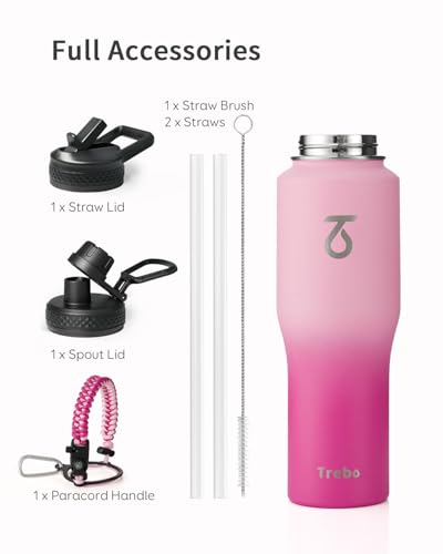 32 oz Water Bottle Insulated Fits in Any Car Cup Holder with 2 Lids (32 Ounces / Gradient Pink)