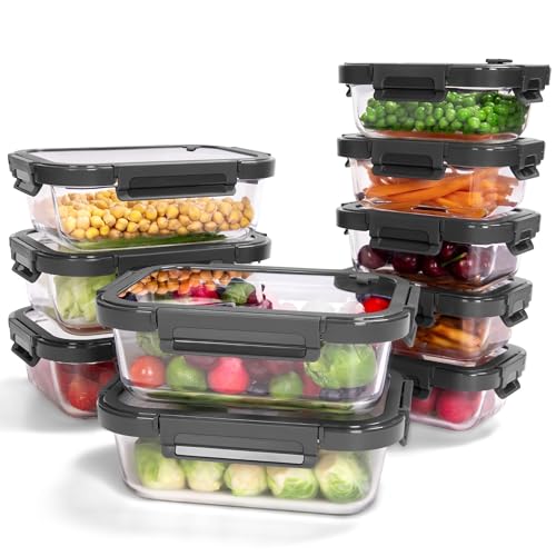 10 Pack Glass Food Storage Containers with Tempered Glass Lids (Tempered Lids Gray / 4.4Cup*5 & 1.6 Cup*5)
