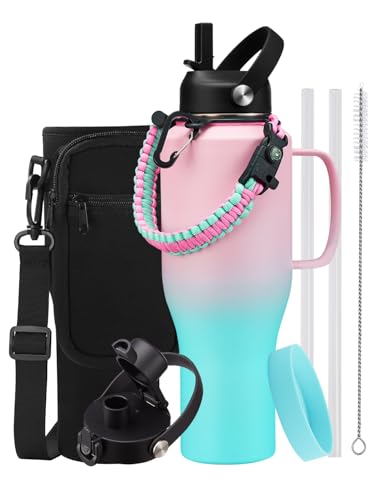 32 40 oz Insulated Stainless Steel Water Bottle (Pink Green / 40 Ounces with built-in handle)