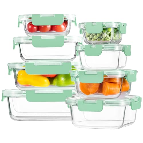 8 Pack Glass Food Storage Containers with Snap Locking Lids for Meal Prep (Light Blue / 8 Pack)