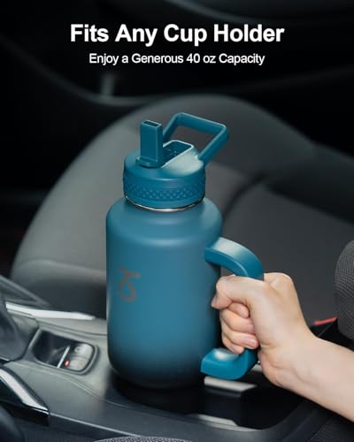 Insulated Water Bottle 40 oz Fits in Car Cup Holder with Side Handle (40 Ounces / Indigo Black)