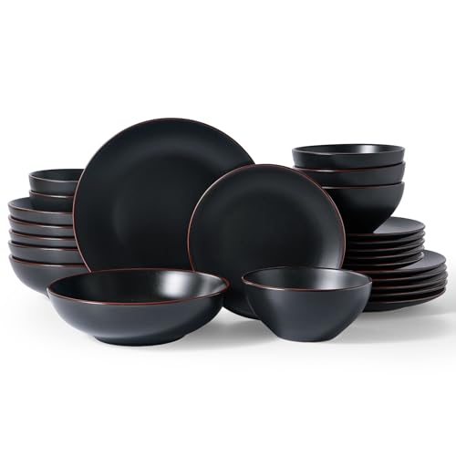 Venus Stoneware Dinnerware Sets with Pasta Bowls (Black / Serves 6 (24pc w/ Pasta Bowl))