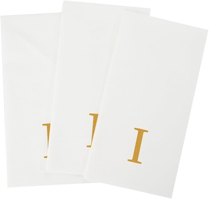 Luxenap 15.8 X 7.9 Inch Linen-Feel Guest Towels, 50 Lettered Hand Towels - Gold Letter 'I', Sans Serif Font, White Paper Dinner Napkins, airlaid, For Restrooms And Tables
