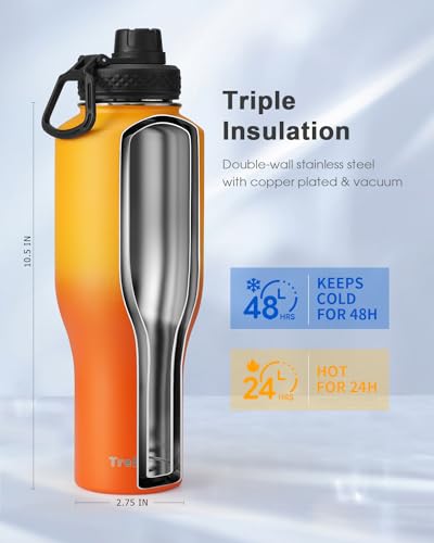 40 oz Water Bottle Insulated Fit in Any Car Cup Holder with 2 Lids (40 Ounces / Orange)