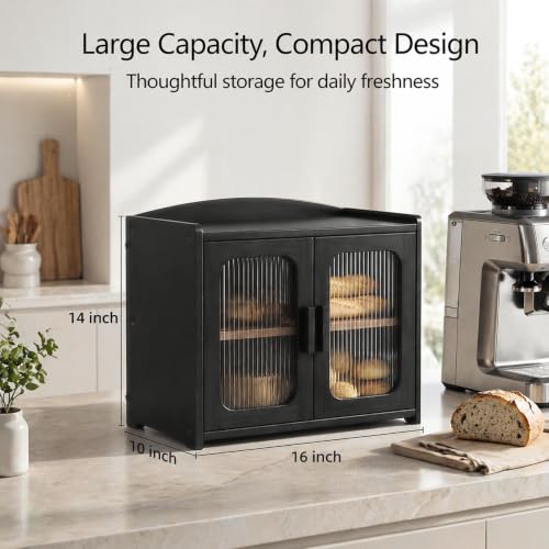 Premium Solid Wood Bread Box for Kitchen Countertop (Black)