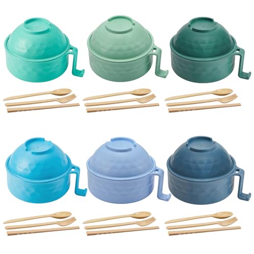 6 Sets Microwave Ramen Bowl with Utensils Bulk (Blue,Green)