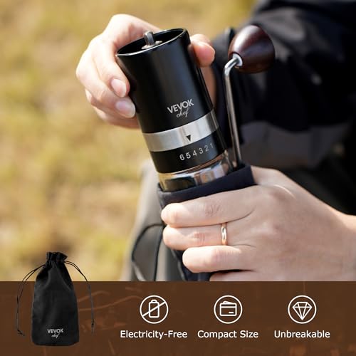 Manual Coffee Grinder Hand Coffee Grinder 6 External Adjustable Setting Stainless Steel Conical Burr Coffee Mill Portable Hand Crank Coffee Bean Grinder Fine for Espresso (Black)