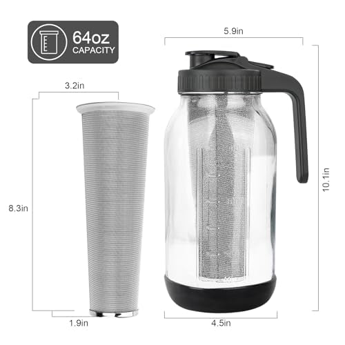 Cold Brew Coffee Maker (Black with Short Silicone Sleeve / 64 Ounces)
