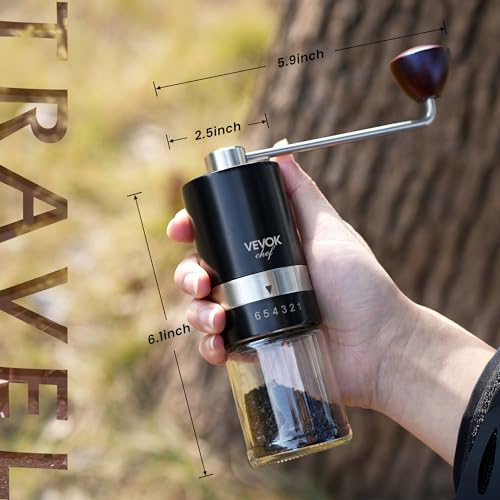 Manual Coffee Grinder Hand Coffee Grinder 6 External Adjustable Setting Stainless Steel Conical Burr Coffee Mill Portable Hand Crank Coffee Bean Grinder Fine for Espresso (Black)