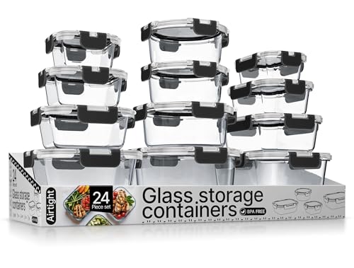 Bakken Borosilicate Glass Food Storage Containers with Lids 24 Pieces (Black)
