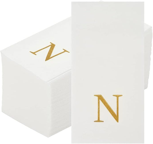 Luxenap 15.8 X 7.9 Inch Linen-Feel Guest Towels, 50 Lettered Hand Towels - Gold Letter 'N', Sans Serif Font, White Paper Dinner Napkins, airlaid, For Restrooms And Tables
