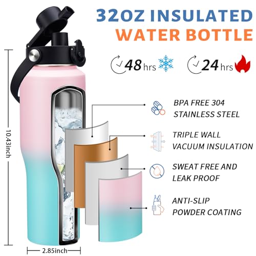 32oz Insulated Water Bottle with Straw Lid (Green Pink / 32 Ounces)