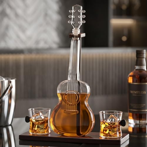 Guitar Whiskey & Wine Decanter & Mahogany Base (3 Count)