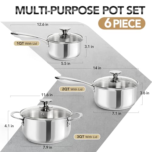 Stainless Steel Pot Set with Lids 1QT & 2QT & 3QT (3 Count)