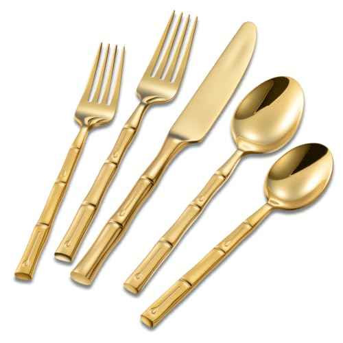Flatware Set Gold Silverware Set with Bamboo Pattern Mirror Polished 20 Pieces Cutlery Set Housewarming Wedding Gift Service for 4 (4 Count)
