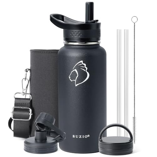 32 oz Water Bottle Insulated with Straw & 3 Lids (32 Ounces / Black)