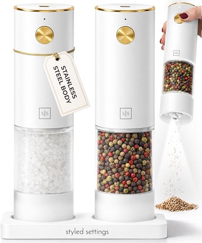 Rechargeable White Electric Salt and Pepper Grinder Set (White)