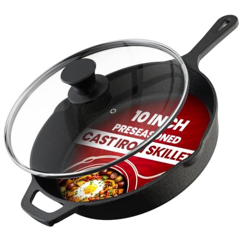 Cast Iron Skillet 10 Inch with Lid Chefs Frying Pan Black (10 Inch / Black)