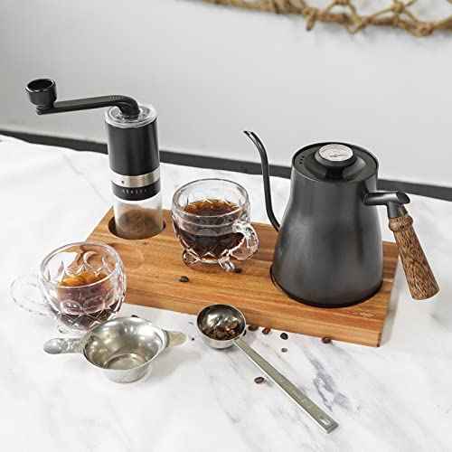 Pour Over Coffee Maker Set Chinese Tea Set Wooden Storage Tray Coffee Dripper Glass Server Coffee Scoop DIY Manual Pour Over Kit Black