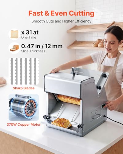Electric Bread Slicer 370W 1680 Rpm Stainless Steel Counter 12mm 120V (Electric)