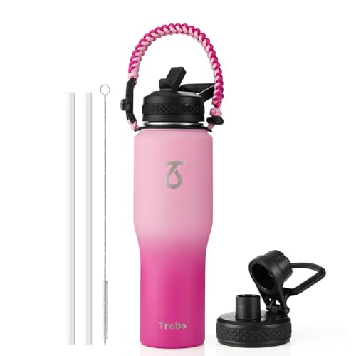 32 oz Water Bottle Insulated Fits in Any Car Cup Holder with 2 Lids (32 Ounces / Gradient Pink)