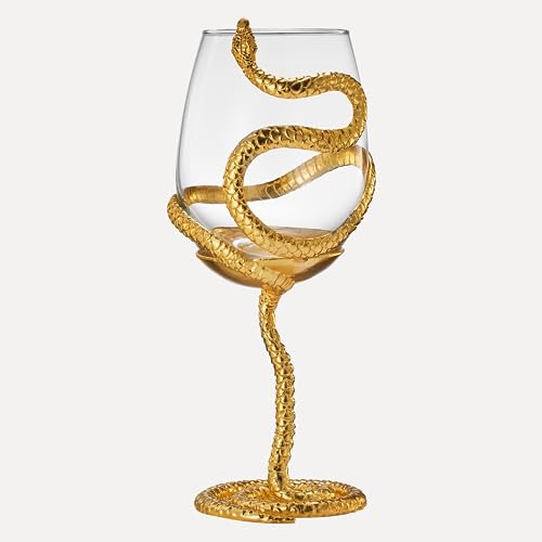 Stemmed Snake Wine Glass Single 19oz 10 Inch Tall Gothic Reptile Goblet in Gold Spooky Décor Skeleton Inspired Gifts Graveyard Themed Parties Seasonal Entertaining and Unique Wine Gift