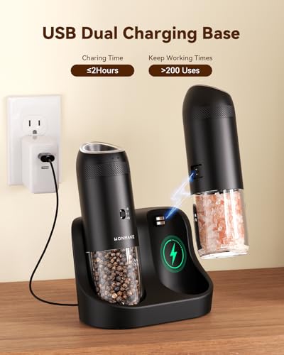 Gravity Electric Salt and Pepper Grinder Set with Charging Base (Updated-Black / Set)