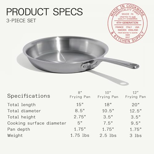 Cookware - 3-Piece (Includes 8",10",12") Stainless Frying Pan Set - 5 Ply Stainless Clad - Professional Cookware - Crafted in Italy - Induction Compatible (3 Count)