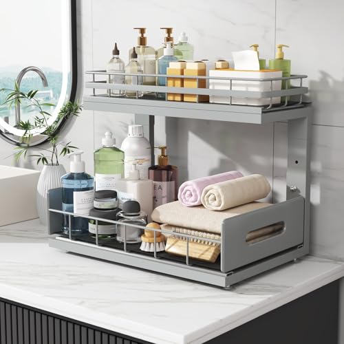 Under Sink Organizer Upgrade To Professional Rails (Gun Gray / 2 Pack-14.5"Dx12.8"-16.9"H)