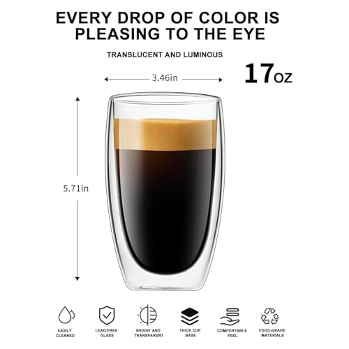 17oz Double Wall Glass Coffee Mugs Set of 4 (4 mugs)