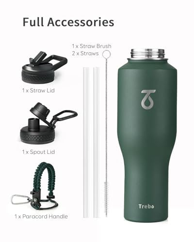 40 oz Water Bottle Insulated Fit in Any Car Cup Holder with 2 Lids (40 Ounces / Dark Green)
