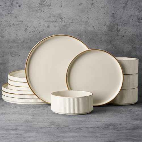 Plates and Bowls Set with Rim (12 Count)