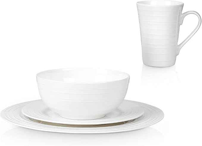 Stone Lain Eleanor Bone China 16 Piece Dinnerware, Plates and Bowls for 4, White Dish Collection with Mugs, Elegant Swirl Design, Microwave & Dishwasher Safe