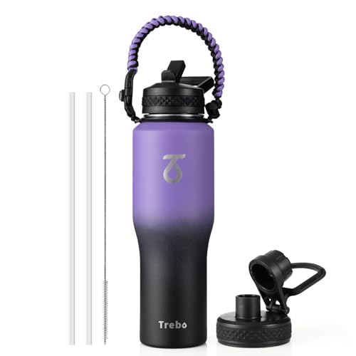 32 oz Water Bottle Insulated Fits in Any Car Cup Holder with 2 Lids (32 Ounces / Dark Purple)