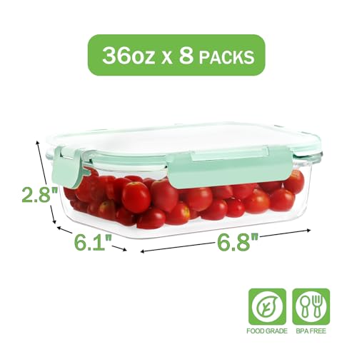 8 Pack 36oz Large Glass Meal Prep Containers with Leak Proof Snap (Light Blue / 8 Pack 36oz)