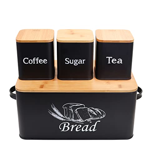 Bread Box with 3pcs Jars Coffee Sugar Tea for Kitchen Countertop White Metal Bread Box with Bamboo Board Cover Pastry Storage Container Set Kitchen decor (Bread Box-1)