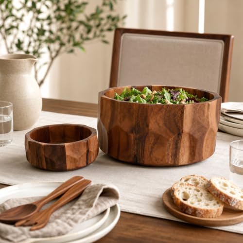 Large Diamond Pattern Acacia Wood Salad Serving Bowl (6" Tall x 12" Diameter)