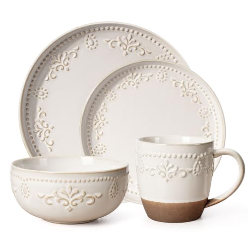 4 Piece Handcrafted Ceramic Dinnerware Set with Mugs (Damask Floral (4 Pieces) (White))