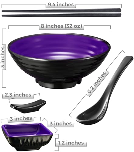 Unbreakable Ramen Bowl Set with Chopsticks and Spoon (2 Bowl Set / Purple & Black)