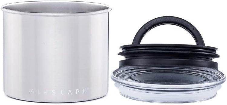 Planetary Design Airscape Stainless Steel Coffee Canister | Food Storage Container | US Patented Airtight Lid | Push Out Excess Air Preserve Food Freshness (Small, Brushed Steel)