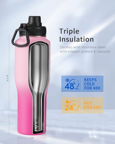32 oz Water Bottle Insulated Fits in Any Car Cup Holder with 2 Lids (32 Ounces / Gradient Pink)