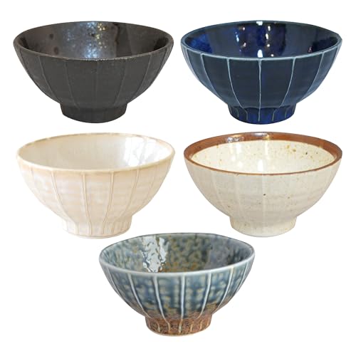 Set of 5 Japanese Ceramic Striped Ichichin Rice Bowls (Blue and White)