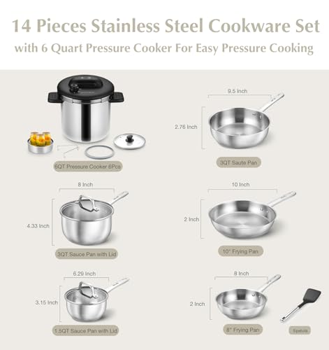 14 Piece Stainless Steel Cookware Set with Pressure Cooker