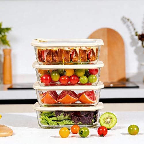 Glass Food Storage Containers with Glass Lids (‎Ivory White -4s)